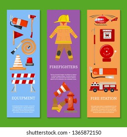 Fire safety set of banners vector illustration. Firefighter uniform and inventory. Helmet, gloves. Equipment as firehose hydrant, alarm, bollard and extinguisher station.