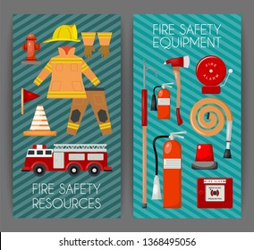 Fire safety set of banners vector illustration. Firefighter uniform and inventory. Equipment as firehose hydrant, alarm, bollard and extinguisher station.