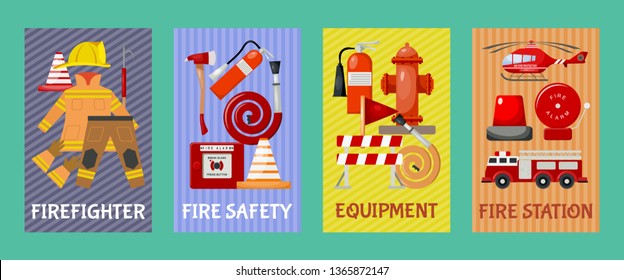 Fire safety set of cards, banners vector illustration. Firefighter uniform and inventory. Equipment as firehose hydrant, alarm, bollard and extinguisher station.