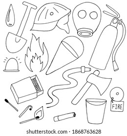 conjunto de seguridad contra incendios en caso de incendio, elemento vector de estilo de garabato, contorno negro, libro de coloreado