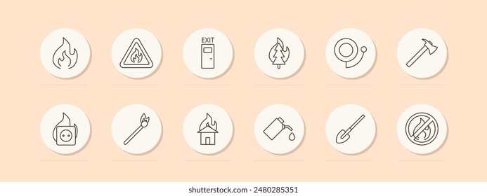 Symbol für Brandschutzgruppe. Flamme, Alarm, Ausgang, Waldbrand, Feueraxt, Feuerlöscher. Sicherheit, Notfall, Präventionskonzept. Symbole für Vektorgrafiken auf beigem Hintergrund.