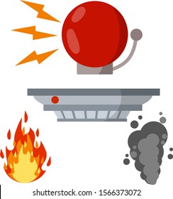 Fire safety. Set of items-Alarm siren ring, smoke sensor, flame. Dangerous situation. Accident protection. alert and problem. Cartoon flat illustration