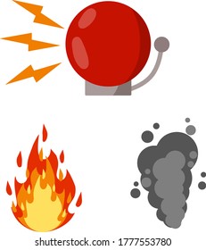 Fire safety. Set of items-Alarm siren ring, smoke, flame. Accident protection. Dangerous situation. alert and problem. Cartoon flat illustration