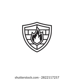 Fire safety shield icon with flame inside building illustration