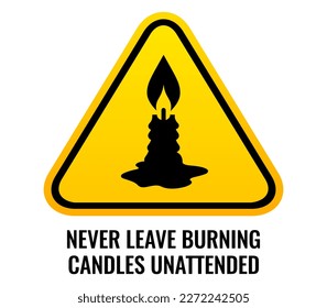 Fire safety sign, never leave burning candles unattended, vector illustration on white background
