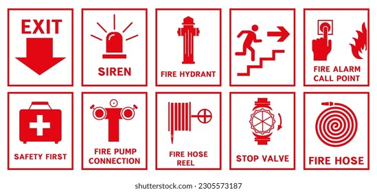 Fire safety sign. Fire warnings and actions. Vector illustration.