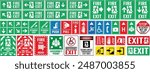 Fire safety signs, Collection of fire danger signs and equipment, Set of emergency exit signs in case of fire danger.