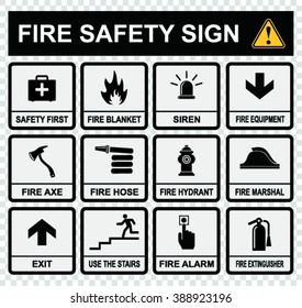 Fire safety signs on flat style