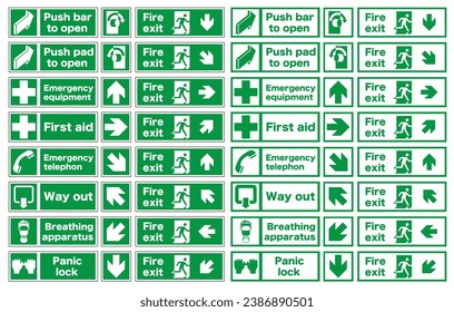 Fire safety signs. Set of emergency exit and fire exit signs, emergency exit direction. EPS 10.