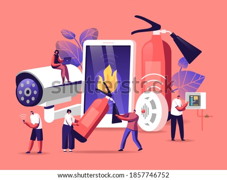 Fire Safety System Concept. People Get Notification from Smartphone about Fire Accident. People with Extinguisher, Electrician Examine Working Draft or Measure Voltage. Cartoon Vector Illustration
