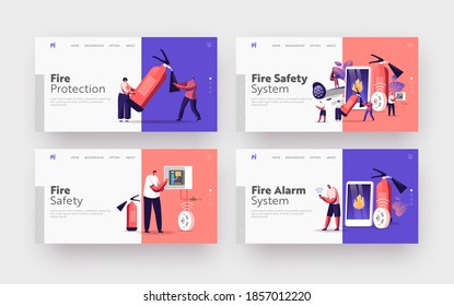 Fire Safety System Landing Page Template Set. People Get Fire Notification from Smartphone. People with Extinguisher, Electrician Examine Working Draft, Measure Voltage. Cartoon Vector Illustration