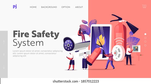 Fire Safety System Landing Page Template. People Get Notification from Smartphone about Fire. People with Extinguisher, Electrician Examine Working Draft, Measure Voltage. Cartoon Vector Illustration