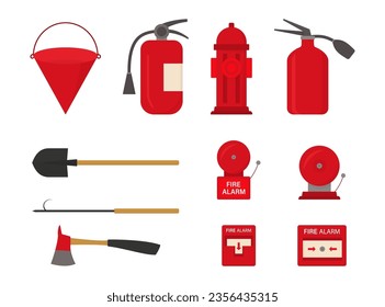 Fire safety tools icon collection in a flat design. Fire extinguisher, hydrant, alarm, bucket, ax, shovel icons
