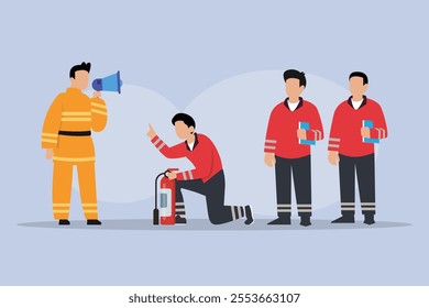 Fire Safety Training with Firefighter and Team 2d flat vector illustrations