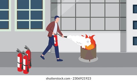 Fire Safety Training at Office and Fire Safety Training at Work with Fire Extinguisher for employee using Extinguisher. Training colleagues about Fire Safety Equipment and extinguishing outside office