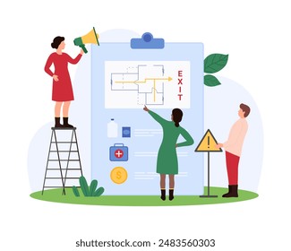 Fire safety training, presentation of evacuation from building in case of danger. Tiny people pointing at floor plan with exit arrow, holding megaphone and warning sign cartoon vector illustration