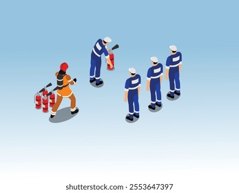 Fire Safety Training Scene with Workers and Fire Extinguisher Demonstration 3d isometric vector illustration