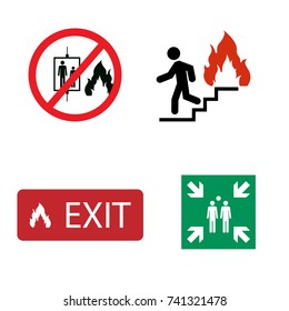 Fire Safety Vector Icon Set. In Case Of Fire Do Not Use Elevator. Evacuation Assembly Point Symbol. Exit Sign.