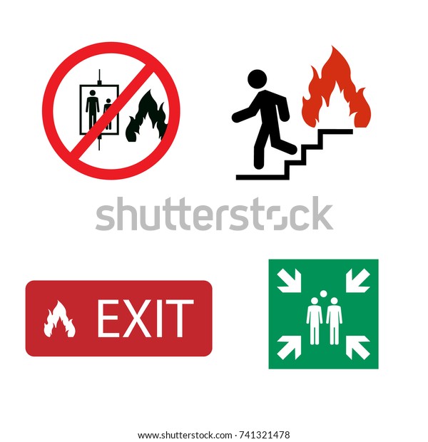 Fire safety\
vector icon set. In case of fire do not use elevator. Evacuation\
assembly point symbol. Exit\
sign.