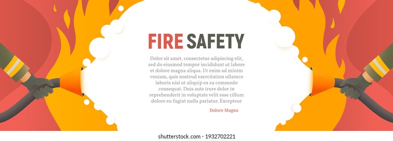 Fire safety vector web banner. Precautions the use of fire background template. Firefighters fights a fire cartoon flat design. Natural fires and disasters illustration