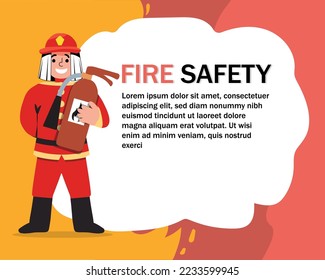 Fire safety vector web banner, happy character holding a fire extinguisher.