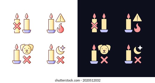 Etiqueta de advertencia de seguridad contra incendios luz y juego de iconos de etiqueta manual de color RGB de tema oscuro. Ilustraciones vectoriales aisladas en espacios blancos y negros. Paquete de planos de línea simple rellenado para instrucciones de uso del producto