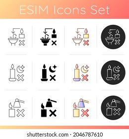 Fire safety warning label manual label icons set. Leftover wax disposal correctly. Prevent rapid burning. Linear, black and RGB color styles. Isolated vector illustrations for product use instructions