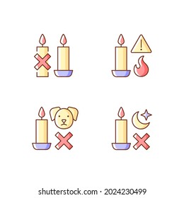 Fire safety warning label RGB color manual label icons set. Use candleholder. Danger using at night. Isolated vector illustrations. Simple filled line drawings collection for product use instructions