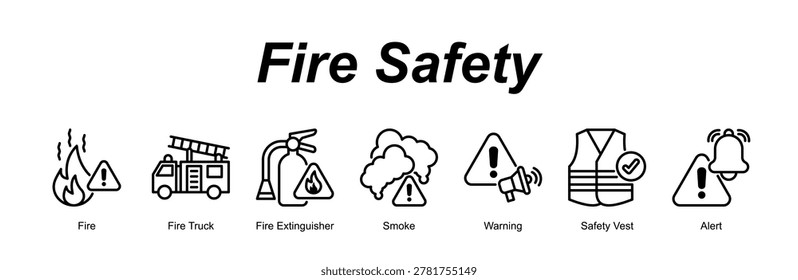 Fire Safety web banner icon concept for with icon of Fire, Fire Truck, Fire Extinguisher, Smoke, Warning, Safety Vest, Alert.