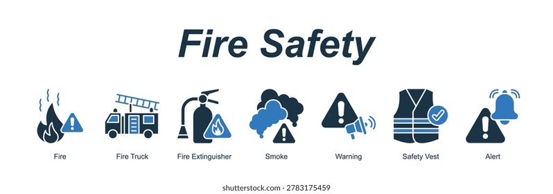 Fire Safety web banner icon concept for with icon of Fire, Fire Truck, Fire Extinguisher, Smoke, Warning, Safety Vest, Alert.