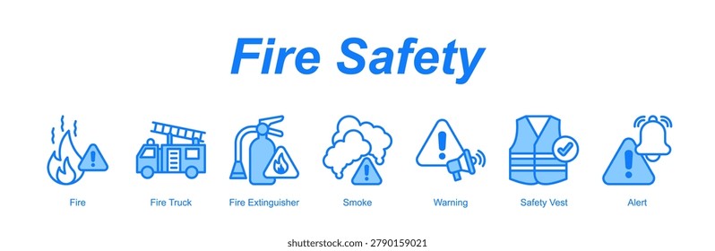 Fire Safety web banner icon concept for with icon of Fire, Fire Truck, Fire Extinguisher, Smoke, Warning, Safety Vest, Alert.