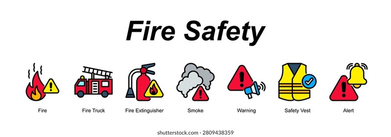 Fire Safety web banner icon concept for with icon of Fire, Fire Truck, Fire Extinguisher, Smoke, Warning, Safety Vest, Alert.
