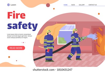 Fire safety website banner. Cartoon firefighter people in burning apartment emergency extinguishing flames with water hose, vector illustration of firemen working.
