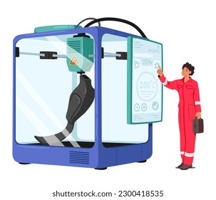 Fire Safety Worker Control Prosthesis In Glass Chamber Undergoes High Temperature Test To Check The Durability And Resistance Of Materials Used In Manufacturing. Cartoon People Vector Illustration