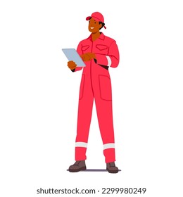 El Carácter Masculino Del Trabajador De La Seguridad Contra Incendios Lleva Uniforme Rojo con Tableta en Manos Garantiza La Seguridad Pública Al Monitorear Los Posibles Riesgos De Incendio, Realizando Inspecciones De Seguridad. Ilustración de vectores de personas de caricatura