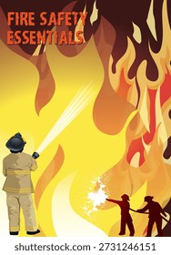 A fire safety-themed poster showing firefighters actively combating a large fire using hoses and extinguishers. The illustration emphasizes preparedness, emergency response, and the importance of fire prevention for educational and awareness campaigns.