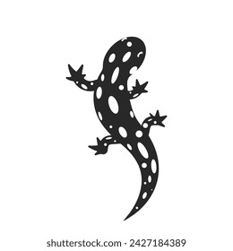 Fire salamander logo amphibian black with white spots top view isolated on white background, lizard in negative space style, tattoo template.