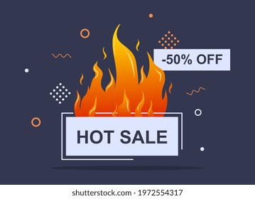 Fire sale banner, big sale special offer. Creative hot season. Flat abstract metaphor cartoon vector illustration concept design online banner. Simple art on blue background