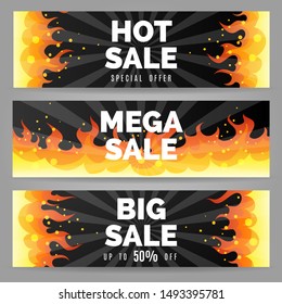 Fire sale banners. Firing backgrounds with big sale text, burning flames banner set for hot sales vector illustration