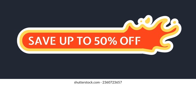 Concepto de etiqueta de venta de incendios. Ahorra hasta un 50% de la inscripción en llamas. Descuentos y promociones. Afiche o cartel para el sitio web. Dibujo vectorial plano de dibujos animados aislado en fondo negro