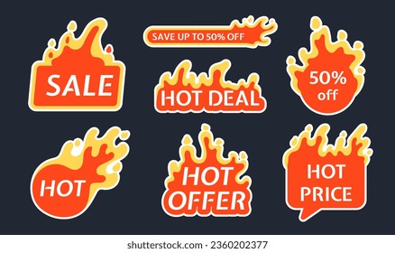 Fire sale labels set. Special offers, discounts and promotions. Electronic commerce and online shopping. Marketing and advertising. Cartoon flat vector collection isolated on black background