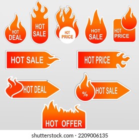 Fire and fire sales clearance and hot deal text label flat icon set isolated vector illustration