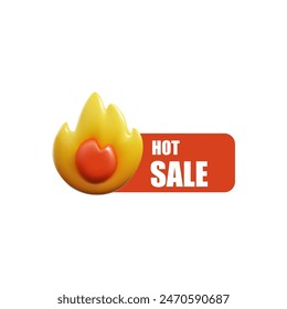 Fire sales timer. Vector 3D illustration of yellow and red flame designed for hot discounts. Use as a promotional label in sales campaigns. Promo sticker with hot offer on isolated background.