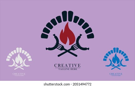 Feuerwurstgabel und Rundstein, ideal für Grillparty Logo Ikone, Fastfood Restaurant. Vektor-Konzept flach abstraktes Design