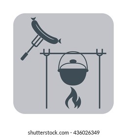 Fire, sausage and pot icon. Vector illustration.

