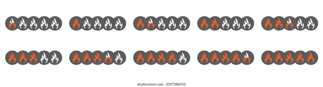 Fire scale vector set. Food spiciness icon in the form of lights vector. Gradation of fire forces vector. Growing fire vector icon set.