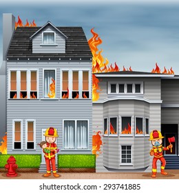 Fire scene with fire fighters rescuing a girl