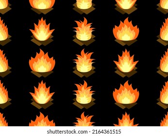 Fire seamless pattern. Flame in a flat style on a black background. Fire icons. Design for print, banners and wrapping paper. Vector illustration