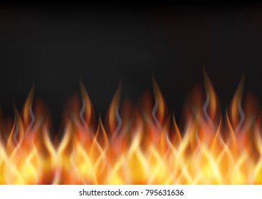 Fire Seamless Pattern, Horizontal Background, Solid Wall of Blazing Red, Orange and Yellow Flames and Dark Black Smoke Above It. Eps10, Contains Transparencies. Vector