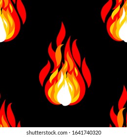 Fire seamless pattern for multipurpose as tile, T-shirt, wallpaper and much more. Hand drawn brush graphic design. Vector illustration on black background.